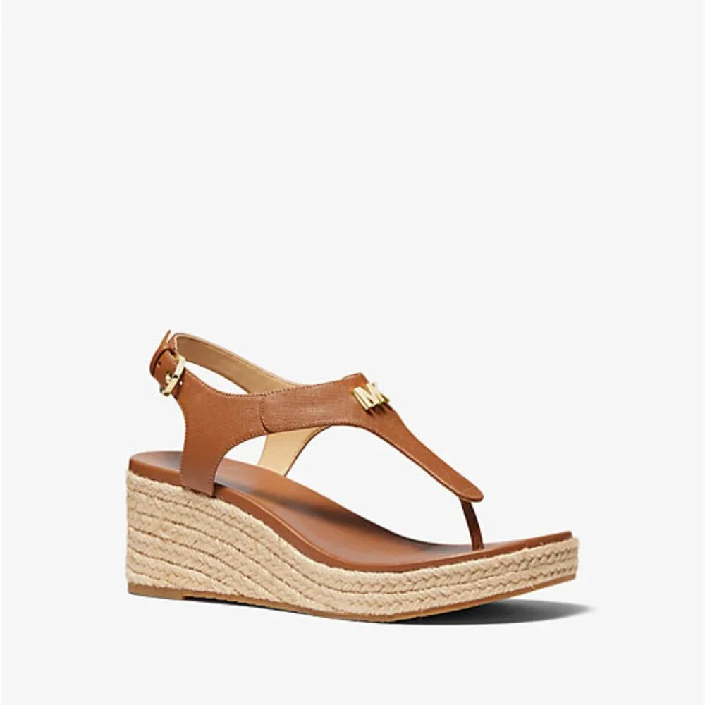 MICHAEL KORS LANEY LOGO ESPADRILLE WEDGE SANDALS LUGGAGE SIZE 8 MSRP $165.00